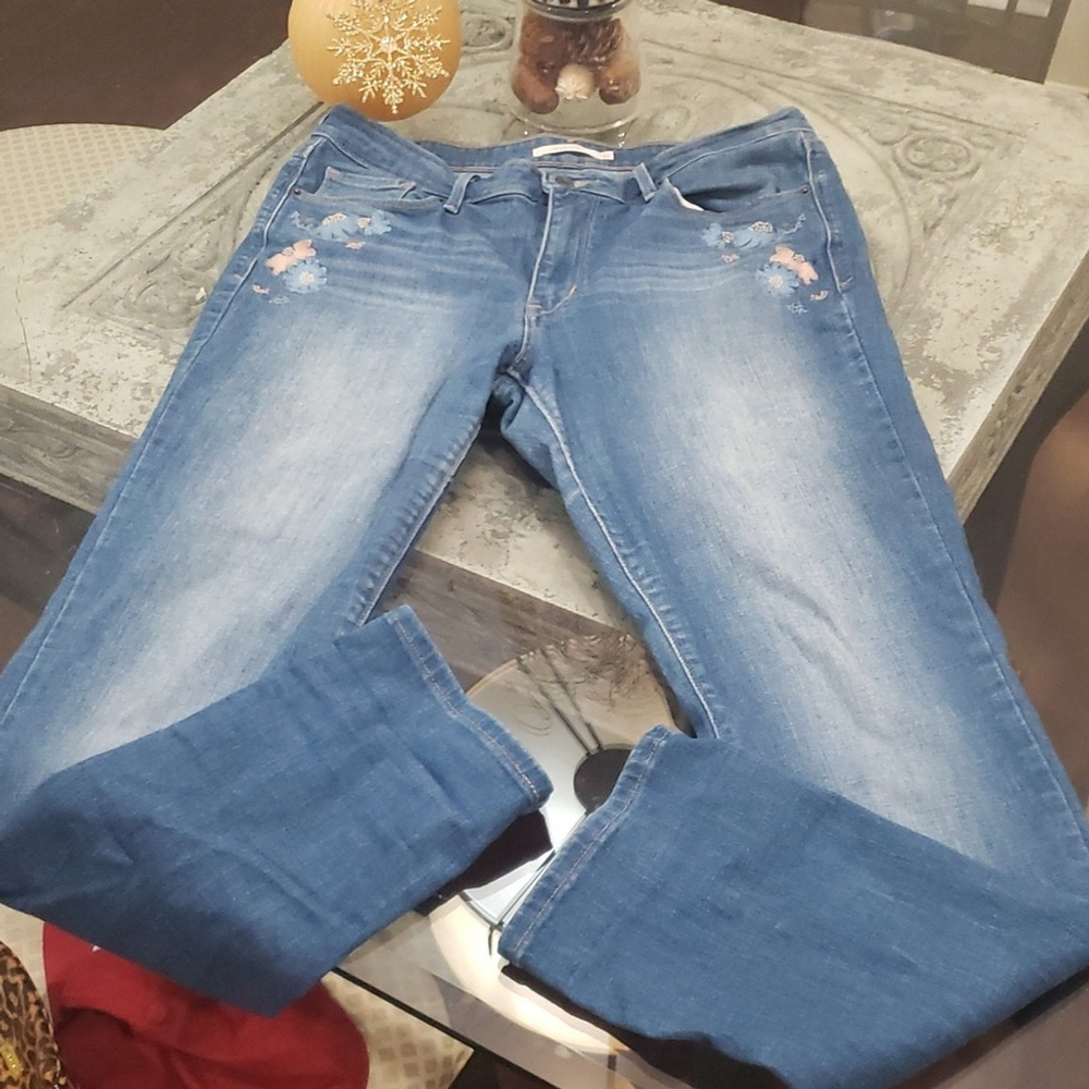 LEVI'S WOMEN'S MID RISE SKINNY FIT EMBROIDERY FLOWERS LIGHT WASH JEANS 32